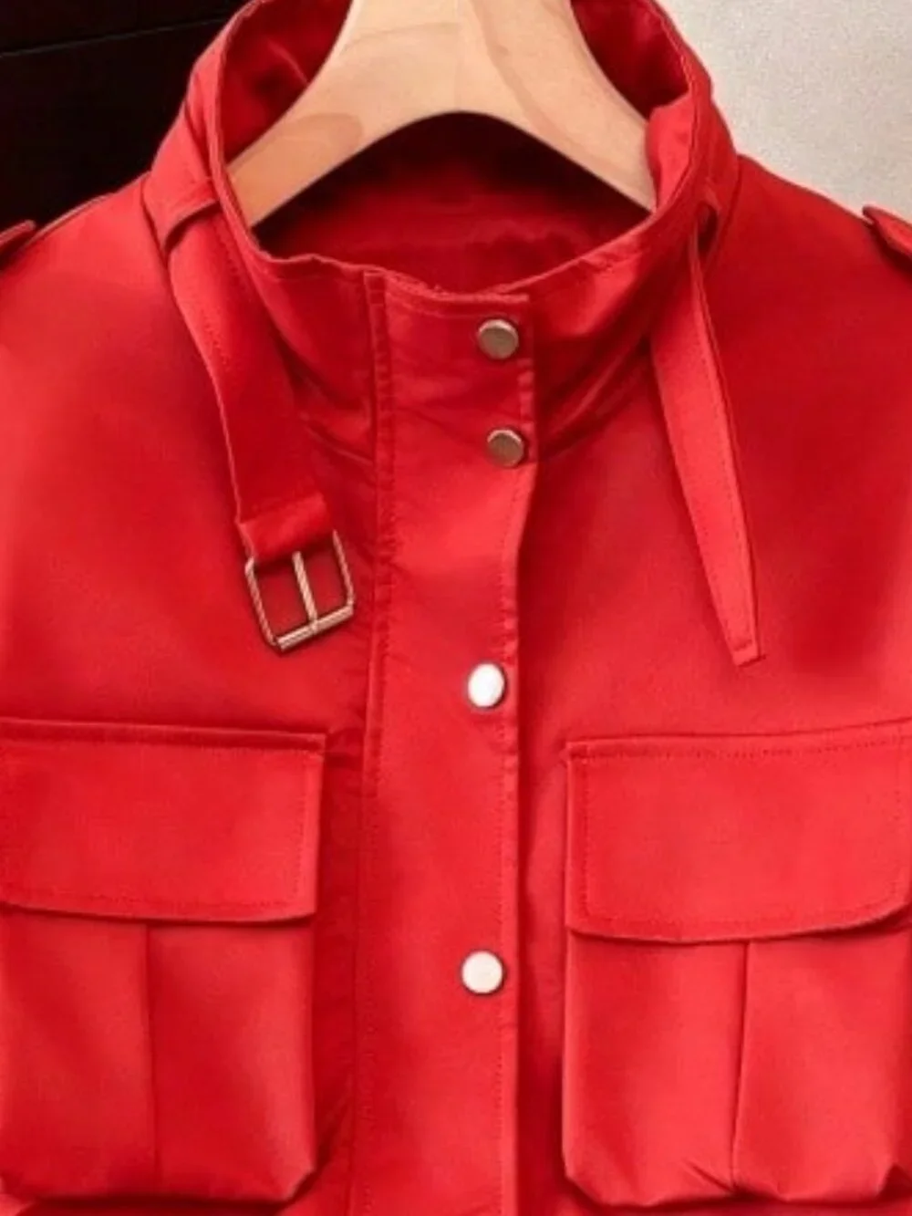 Red Casual Women's  Funnel Neck Multi-Pocket Waist Drawstring Utility Jacket